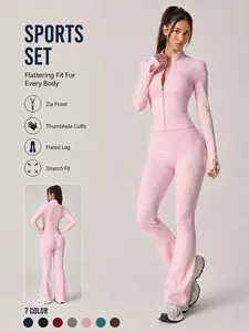 Women's 2 Piece Set Sports Set Solid Color Zip Up Jacket Long Sleeve Thumb Holes Design Comfortable Breathable Stretchy High Waist Butt Lifting Flare Pants Body Shaping Yoga Outfit Gym Training Outdoor Running Daily Casual Versatile Activewear Set