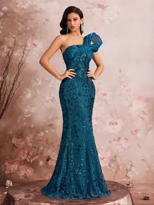 Elegant Evening Gown for Women, Formal Party Dress with Beaded Floral Mermaid Design, Custom Fit Single Shoulder Style for Graduation Ball