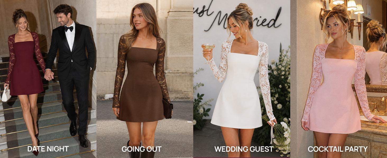 MEROKEETY Women's Square Neck Lace Long Sleeve Mini Dress Fall Bodycon Cocktail Wedding Guest Formal Short Dresses
