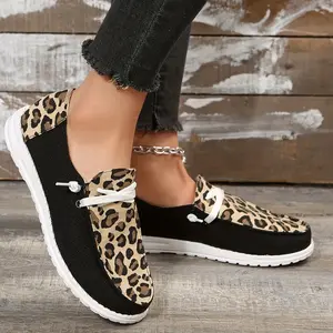 All-Season Chic Women's Leopard Canvas Sneakers - Comfortable Round Toe Lace-Up Casual Flats