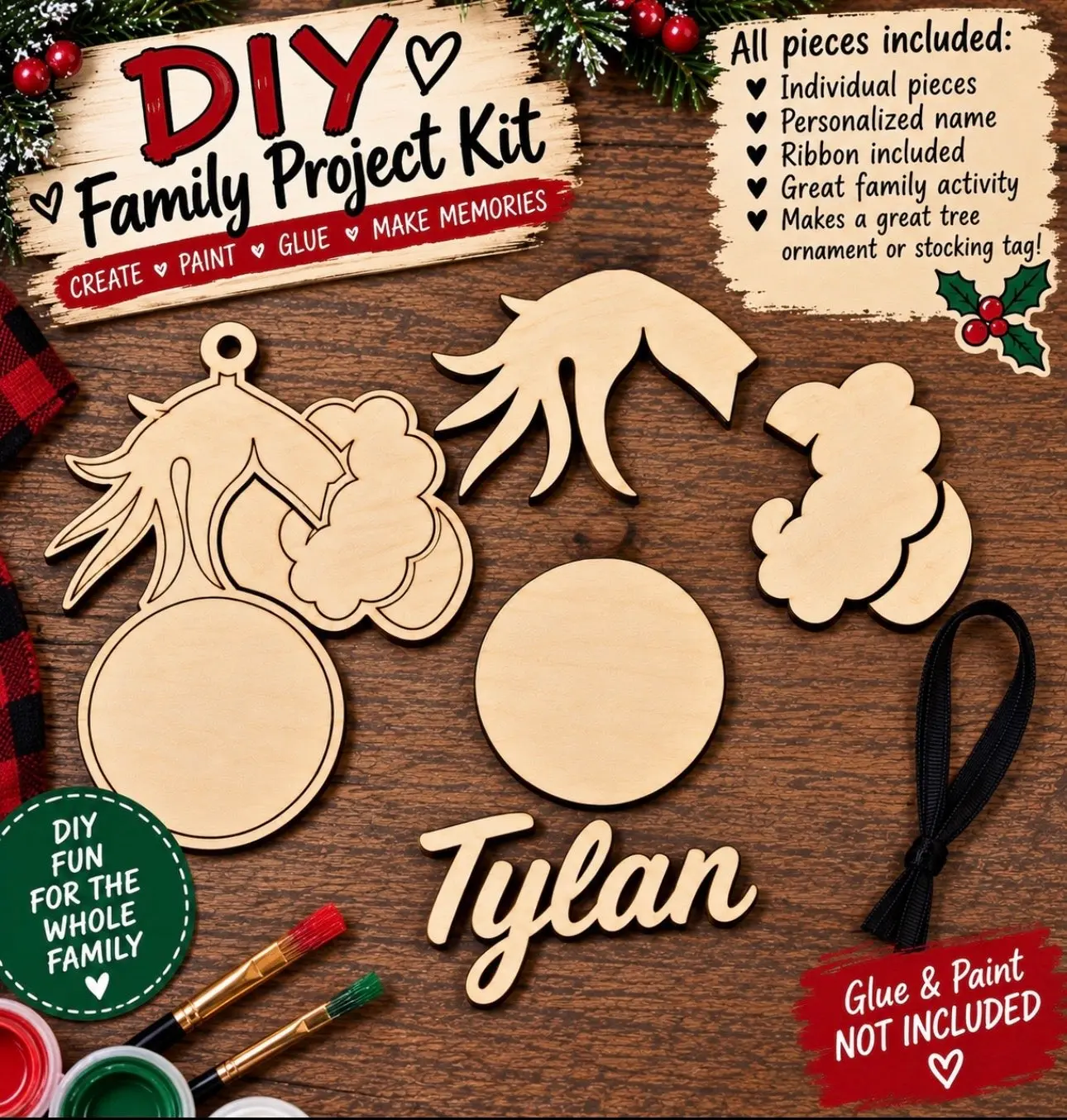 DIY Personalized Grinch Christmas Ornament & Stocking Tag Craft Kit