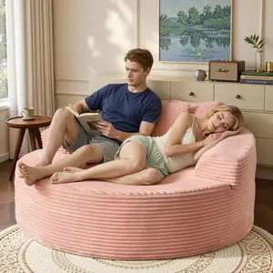 HOOOWOOO 59"W Oversized Round Sofa Bed - Fluffy Lazy Bean Bag Chair Chaise Lounge, Modern Deep Seat Couch for Relaxation, Plush Corduroy Fabric, 3 Pillows included, No Assembly Required