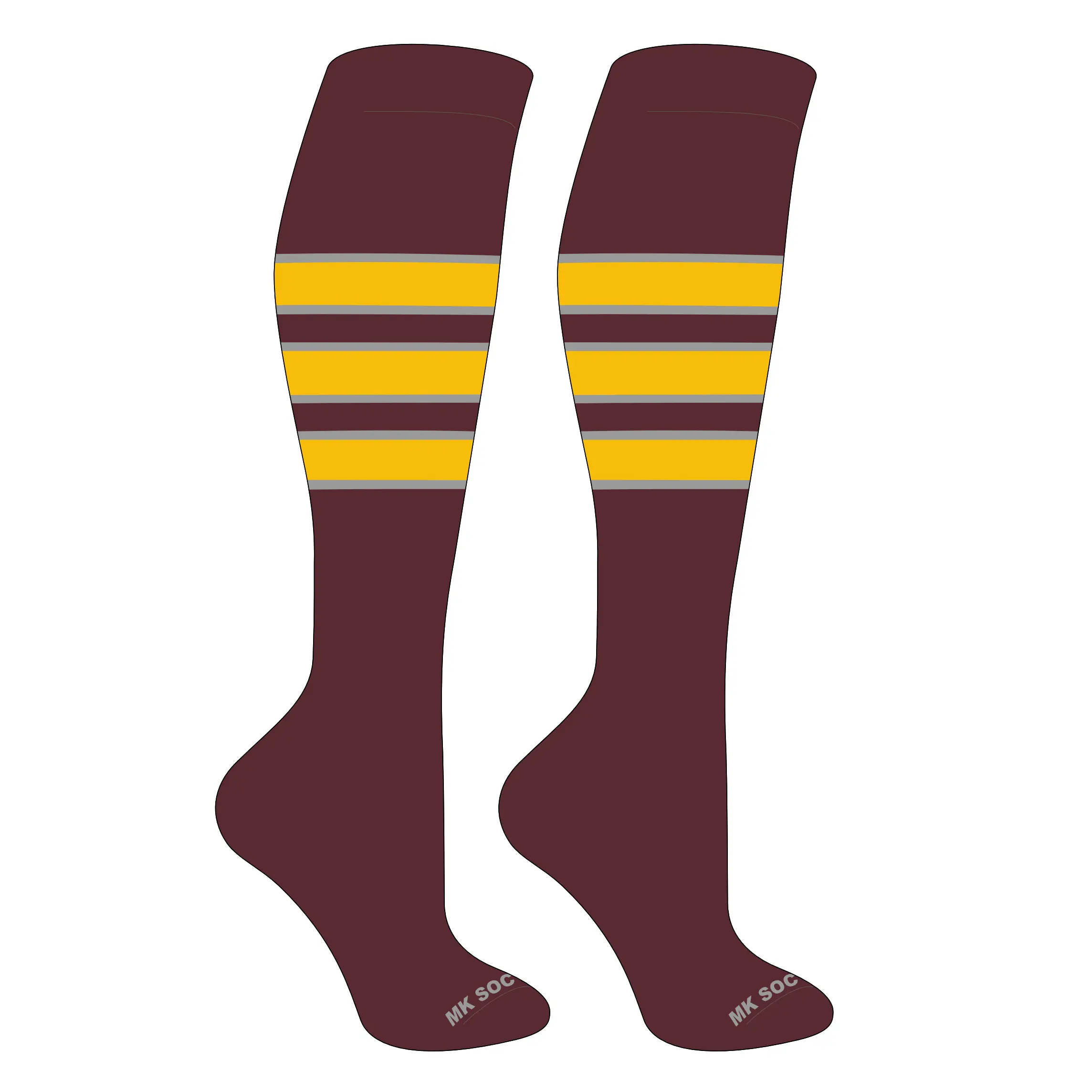 MK Socks Striped Knee High Baseball, Football Socks (C) Maroon, Grey, Gold
