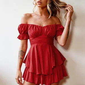 Women Short Jumpsuit, Short Sleeve Off-shoulder Solid Summer Playsuit for Party Club