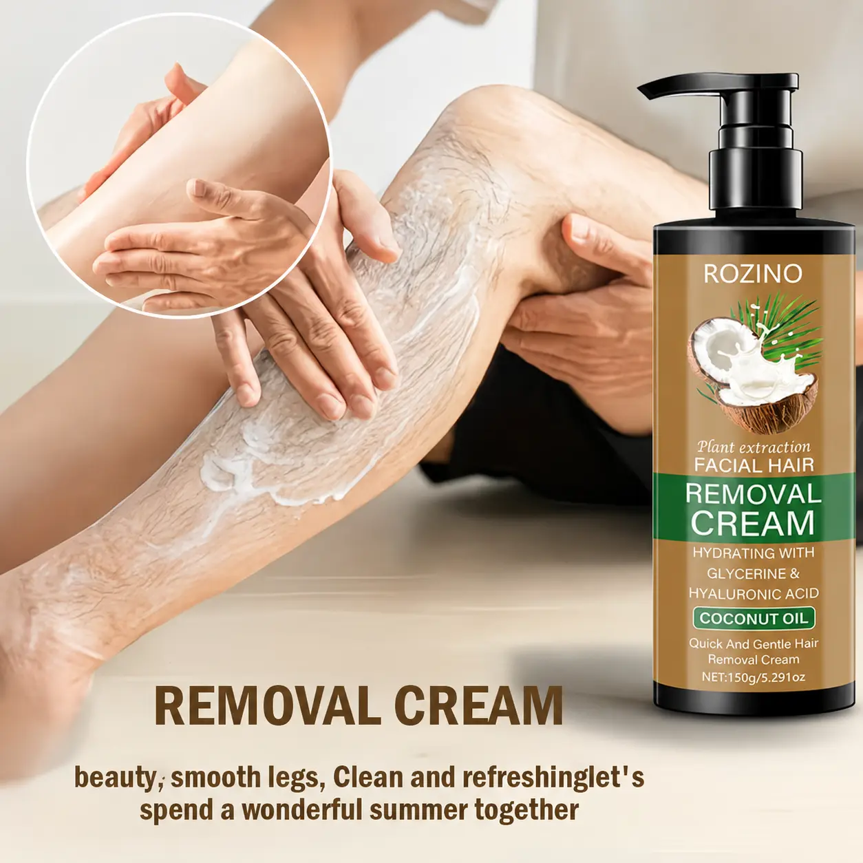 ROZINO Coconut Oil Hair Removal Cream - Painless Full Body Hair Remover for Men & Women, Silicone-Free Cosmetic Body Care for Sensitive Skin All Areas hair reduction natural