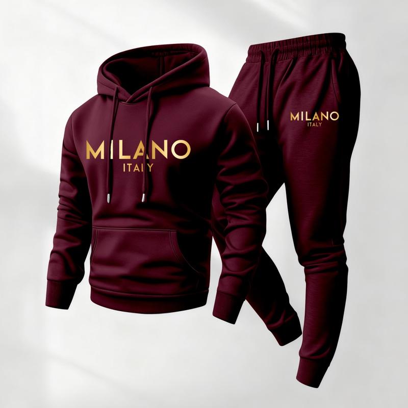 Men's Golden Milano Printed Hoodie and Drawstring Sweatpants Set, Menswear, Casual Athletic Long Sleeve Hooded Jacket & Trousers for Fall & Winter, Men's Clothing for Daily Wear, Sportswear Indoor Outdoor, Tracksuit, Athleisure Summer Clothes02