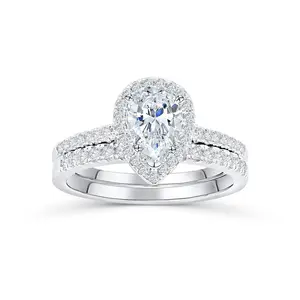 The Bliss | Modern Gents 2 Carat Pear Cut Halo Wedding Ring Set | (25 Sterling Silver Simulated Diamond Travel Jewelry