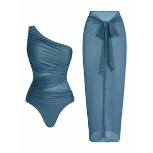Women One Shoulder Ruched Swimsuit with Sheer Sarong Skirt High Waist Two Piece Bikini Set