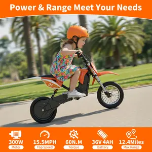 MileRocket1 Kids Electric Bike, 36V 300W Motor, 3-Speed Modes Up to 15.5MPH, 9.32 Mile Range, Dual Suspension,12 * 2.75" Tires, for Height 3.8-4.7ft