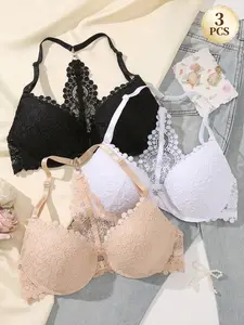 3PCS Women's Lace Backless Bra, Elegant Sexy Front Buckle Design,Underwire Push Up Bras, Adjustable Straps, Breathable Comfort Lingerie, Perfect for Daily Wear, Breathable Comfy Bra