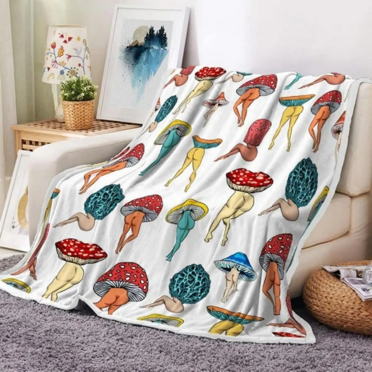 Soft Comfortable Funny Throw Blanket Mushroom Pattern Blanket,Colorful Throw,Cool Bedroom Accessories Bedding,Air-conditioned Warm Nap For Home & Office