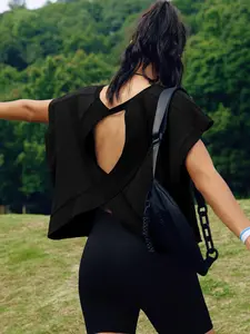 Women's Loose Fit Short Batwing Sleeve Backless Hollow Out Top, Casual Round Neck Breathable Sporty Shirt, Asymmetrical Cut Out Design Womenswear