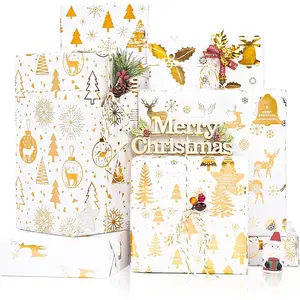 Christmas Wrapping Paper w/Christmas Sticker & Ribbons, 6 Sheets Metallic White and  Holiday  Wrapping Paper, Moose  Xmas  Wrap for Christmas, Birthday,  Year, 27.5x19.6