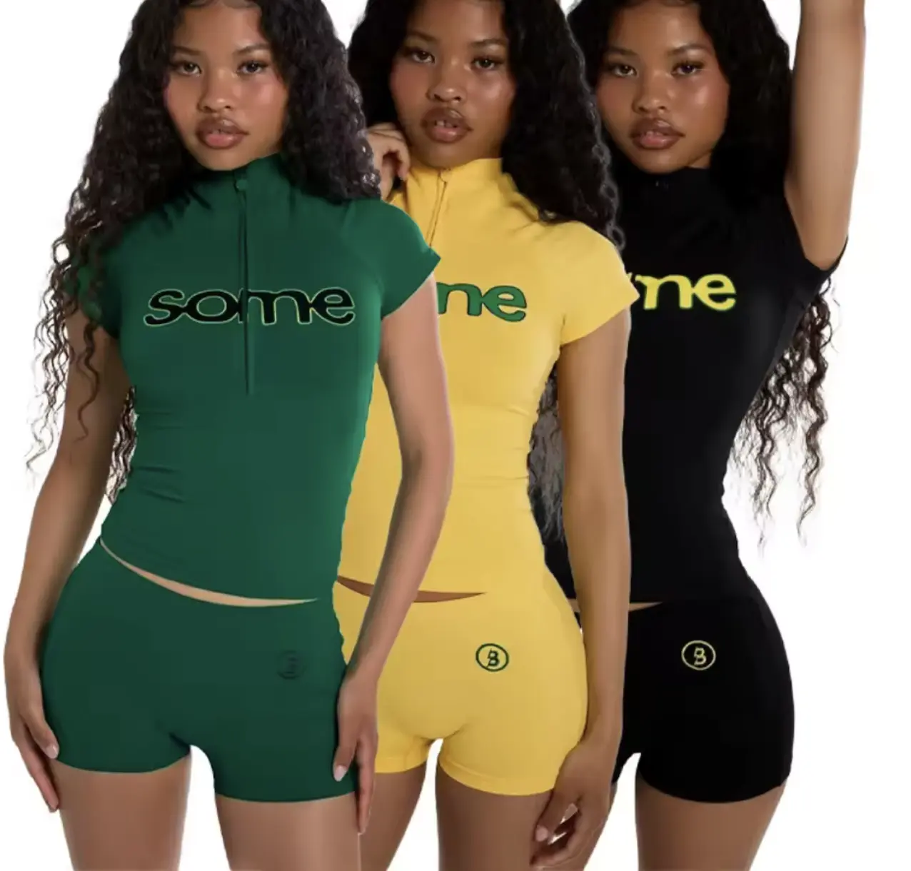Some Body Shorts 2 Piece Suits Casual Zipper Stand Collar Crop Top + Bodycon Shorts Outfits Streetwear Sets