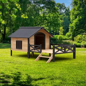 Outdoor Large Cabin House-Style Built Dog Kennel with Porch, Pet Bed Alternative Dog Crate Furniture, Bed Built Kennel