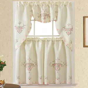 3pcs Multi-Color Embroidery Kitchen Curtains for Windows with Cutworks, Swag Valance and Tiers Set, Multi-Color Kitchen Cafe Curtain Set (Beige) (Multicolor)
