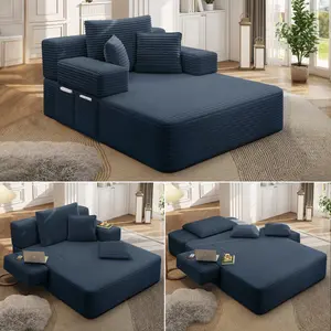 Luxurious Plush Corduroy Chaise Lounge with 3 Pillows, Convertible Sofa Bed with Storage Pocket, Frameless Design & Compression Foam for Small Spaces, Living Room, Apartment