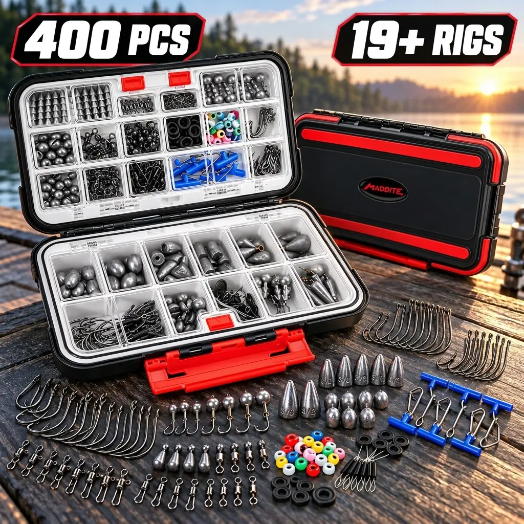 MADBITE 400-Piece Freshwater Rigging Kit with Double-Sided Watertight Organizer — Hooks, Sinkers, Swivels, Jig Heads, Bobber Stops & Beads for Bass, Trout and Crappie