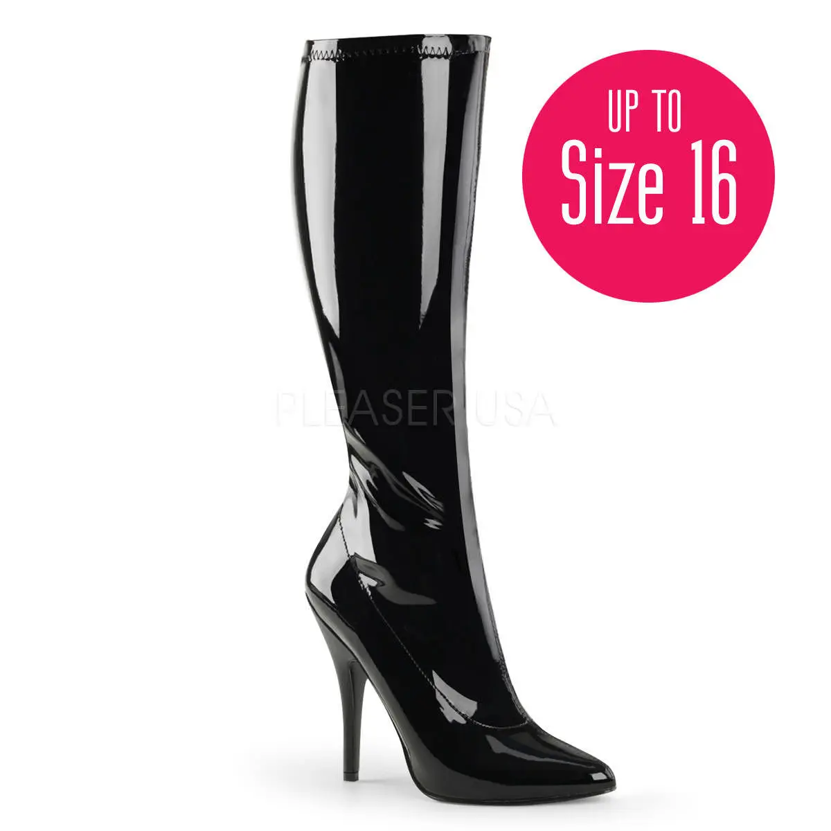 Women's Knee-High Boots in Black Stretch Patent with a 5-Inch Stiletto High Heel and Full Inner Side Zipper, High Heels, Boot