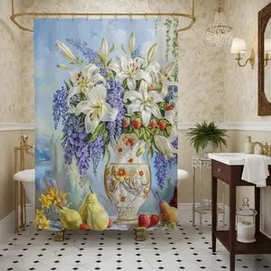 Vintage Oil Painting Style Bath Curtain, Elegant Floral Fruit Basket, Soft Polyester, Ideal for Home Hotel Bathroom Decor