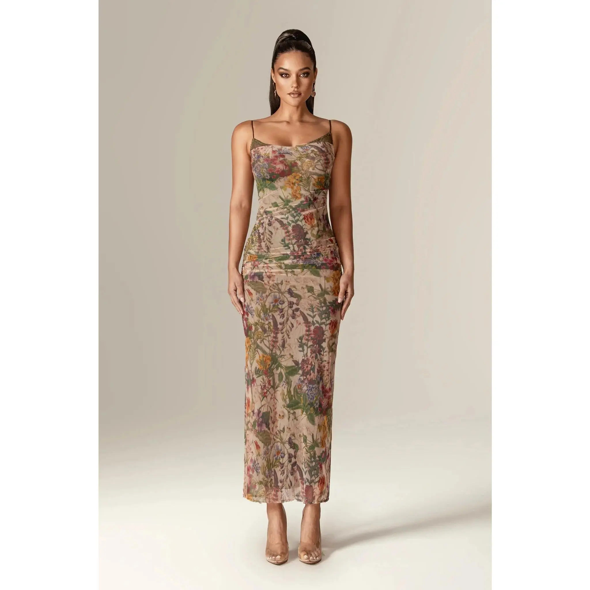Evita Ruched Mesh Corset Maxi Dress - Garden Muse | Silky Satin Dress with  Underwired Bodice, Adjustable