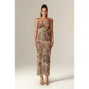 Evita Ruched Mesh Corset Maxi Dress - Garden Muse | Silky Satin Dress with Underwired Bodice, Adjustable Straps & Back Slit - Romantic Summer Party, Picnic, Date Night & Vacation Outfit for Women - Womenswear Fashion