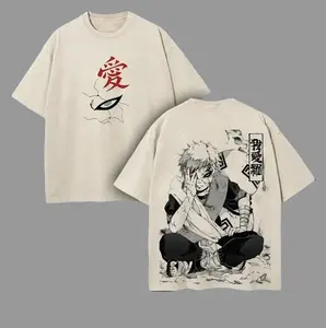 Men's Short-Sleeve Round Neck T-Shirt - Unisex Loose-Fit Vintage Distressed Streetwear Top with Hand-Drawn Naruto Shippuden Gaara Comic Print, Front Japanese "Love" Kanji, Back Cracked Eye Design, Shortsleeve