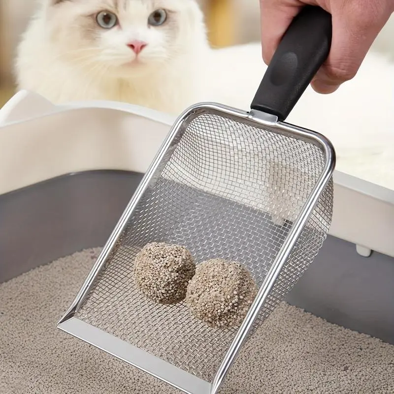 Durable stainless steel pet waste spatula with fine mesh sieve - ergonomic handle for easy cleaning of cat and dog bedpans Litter Box Tray Litter Box Scooper