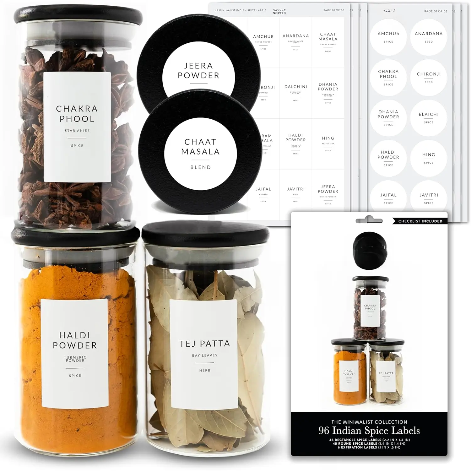 Spice Labels, 96 South  Spice Jar Stickers - Waterproof Kitchen Pantry Labels for Organizing Indian Spices