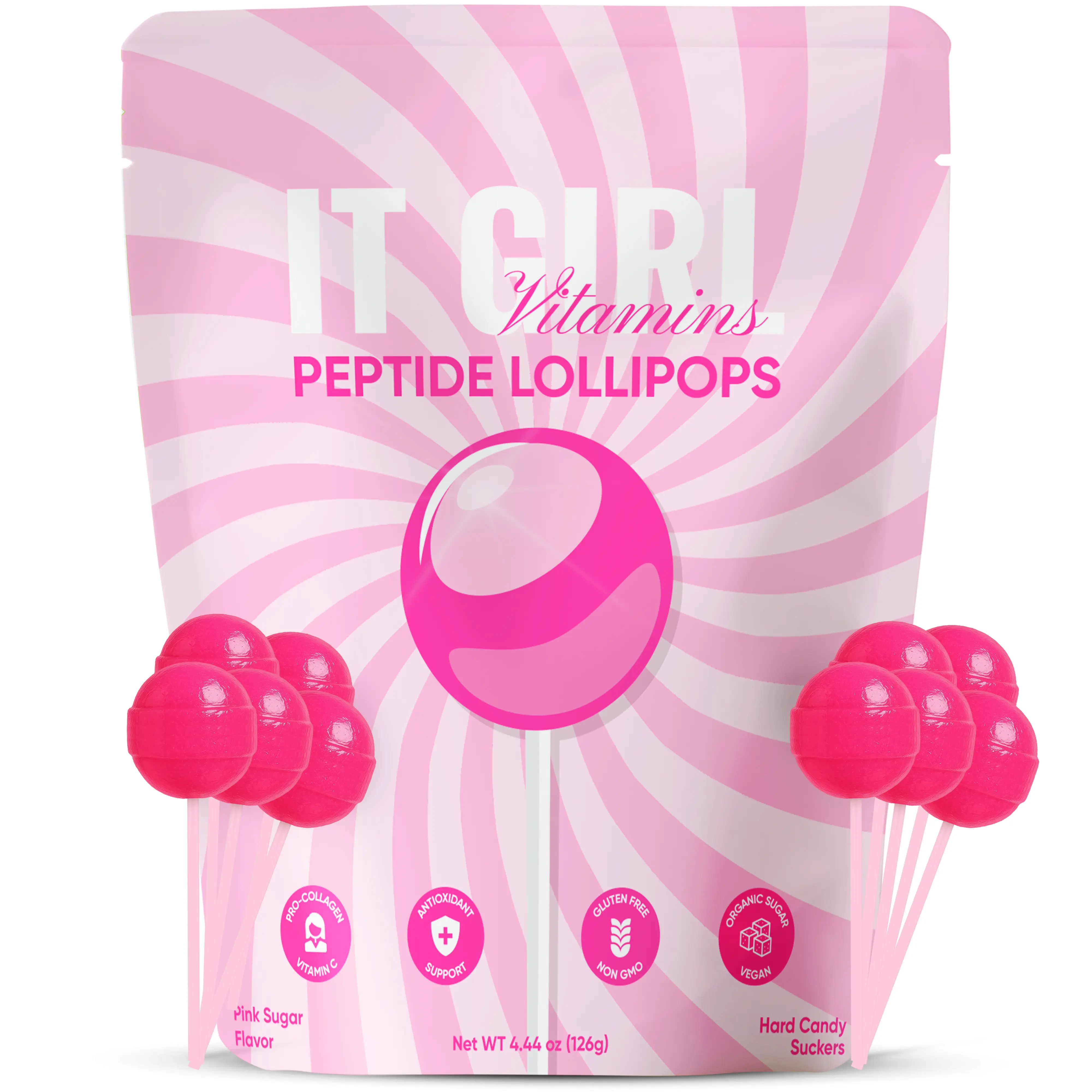 IT GIRL VITAMINS Low Sugar Collagen & Vitamin C Healthy Lollipops, Gluten Free Candy Snack, 10-Pack Pink Sugar Flavor for Adults & Teens, Healthy Snacks to Buy