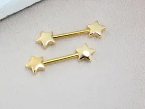 14G Gold Nipple Barbell with Star Ends, Hypoallergenic Minimalist Body Piercing Jewelry