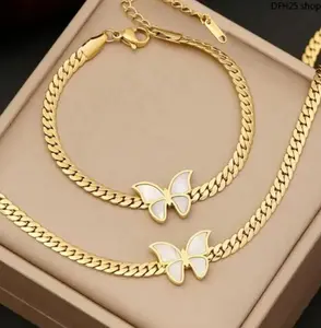 Butterfly Motif Stainless Steel Jewelry Set for Women, Gold Chain Necklace & Bracelet Combo, Elegant Fashion Accessory for Daily Wear and Gifting