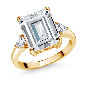 5-7 Cttw Gemstone Birthstone & Moissanite 3-Stone Ring For Women | 18K Yellow Gold Plated Silver | Emerald Cut 12X10MM | Wedding Anniversary Ring