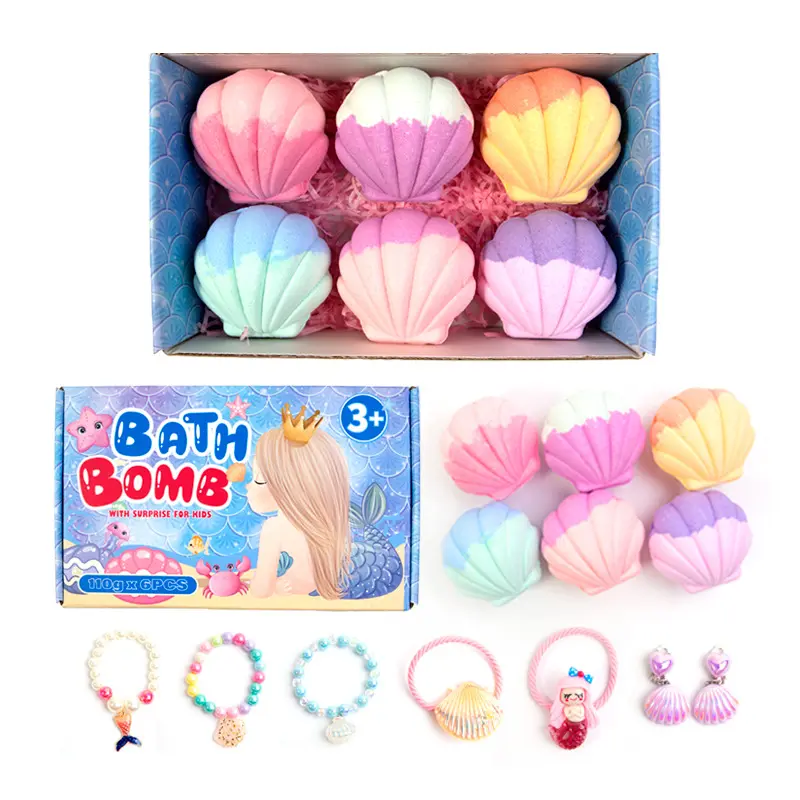 Seashell-shaped children's bath bomb with a surprise toy inside.