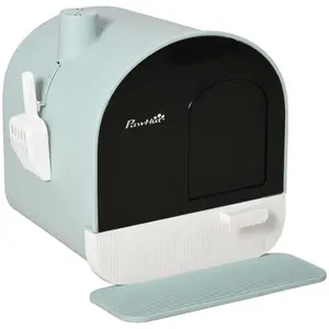 PawHut Cat Litter Box with Lid, Covered Litter Box for Indoor Cats with Tray, Scoop, Filter, 17" x 17" x 18.5", Light Gray