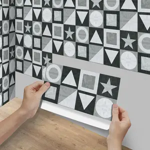 Vintage Geometric Pattern Tile Backsplash, Self-adhesive Removable Tile Backsplash, Waterproof & Oil-resistant Wall Decor for Kitchen & Bathroom
