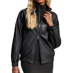 Casly Lamiit Women's Fitted Fashion Mock Neck Faux Leather Outerwear - Long Sleeve, Stand Collar, Double Zipper, Elastic Cuffs, Solid Streetwear Jacket - Hoodie-Inspired, Durable Fabric, Bomber Look Casual Motorcycle Coat for Fall, Spring outdoorfun
