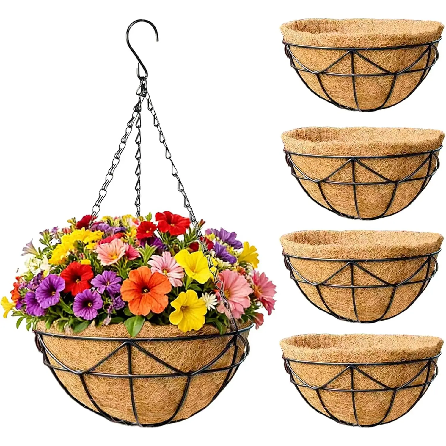 EIMQUVW 4-Pack 14in Coconut Fiber Hanging Planter, Durable Metal Hanging Baskets with Chains, Round 6.7in Deep Outdoor Wire Pot for Strawberries, Root Aeration, Spring-Summer Front Porch Garden Decoration, Round Form