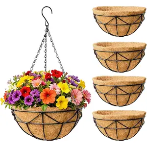 EIMQUVW 14 Inch Coconut Fiber Hanging Planter 4 Packs Durable Metal Hanging Baskets with Chains Outdoor Wire Pot for Spring and Summer Front Porch Garden Decoration