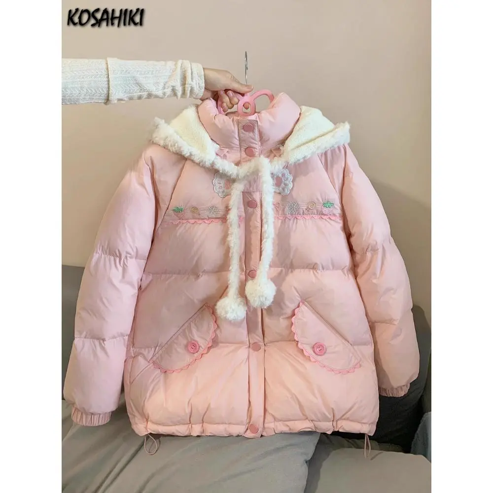 Preppy Style Winter Embroidery Warm Women Parka Harajuku Zippers Casual Rabbit's Ears Hooded Tops Y2k Aesthetic Pocket Pink Coat