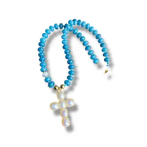 Natural Lapis Lazuli 6mm Beaded Necklace with Gold Framed Cross Pendant, Genuine Blue Gemstone Christian Jewelry, Faith Gift for Her, Spirit