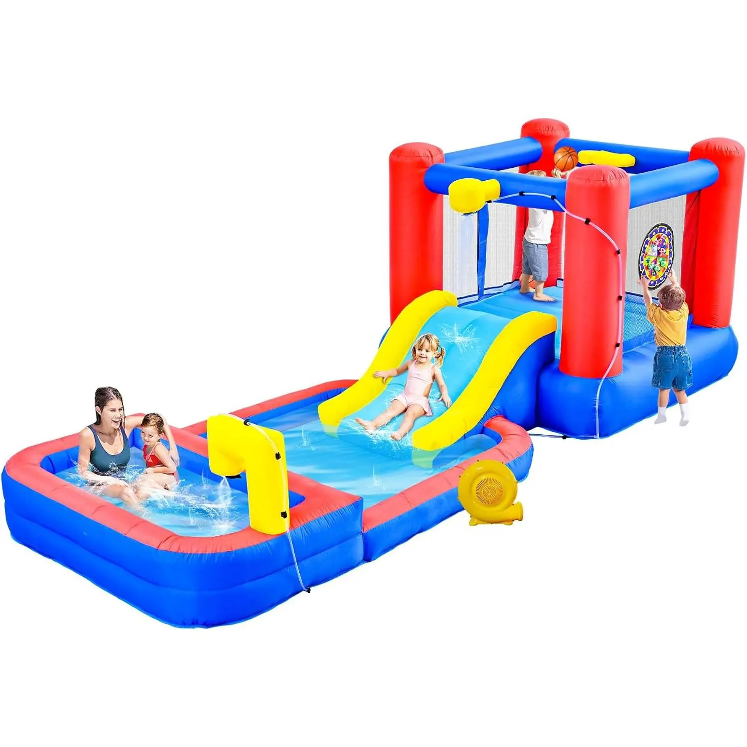 2 in 1 Inflatable Water Slide & Bouncy Castle with Blower, Water Park with Sprayers, Deep Pool, Dartboard & Basketball Hoop