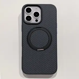 Carbon Fiber Phone Case for New iPhone 17 16 15 14 13 Series with Click Rotation Stand Skin-Friendly Anti-Fingerprint Feel Carbon Fiber Texture Tactile Feedback