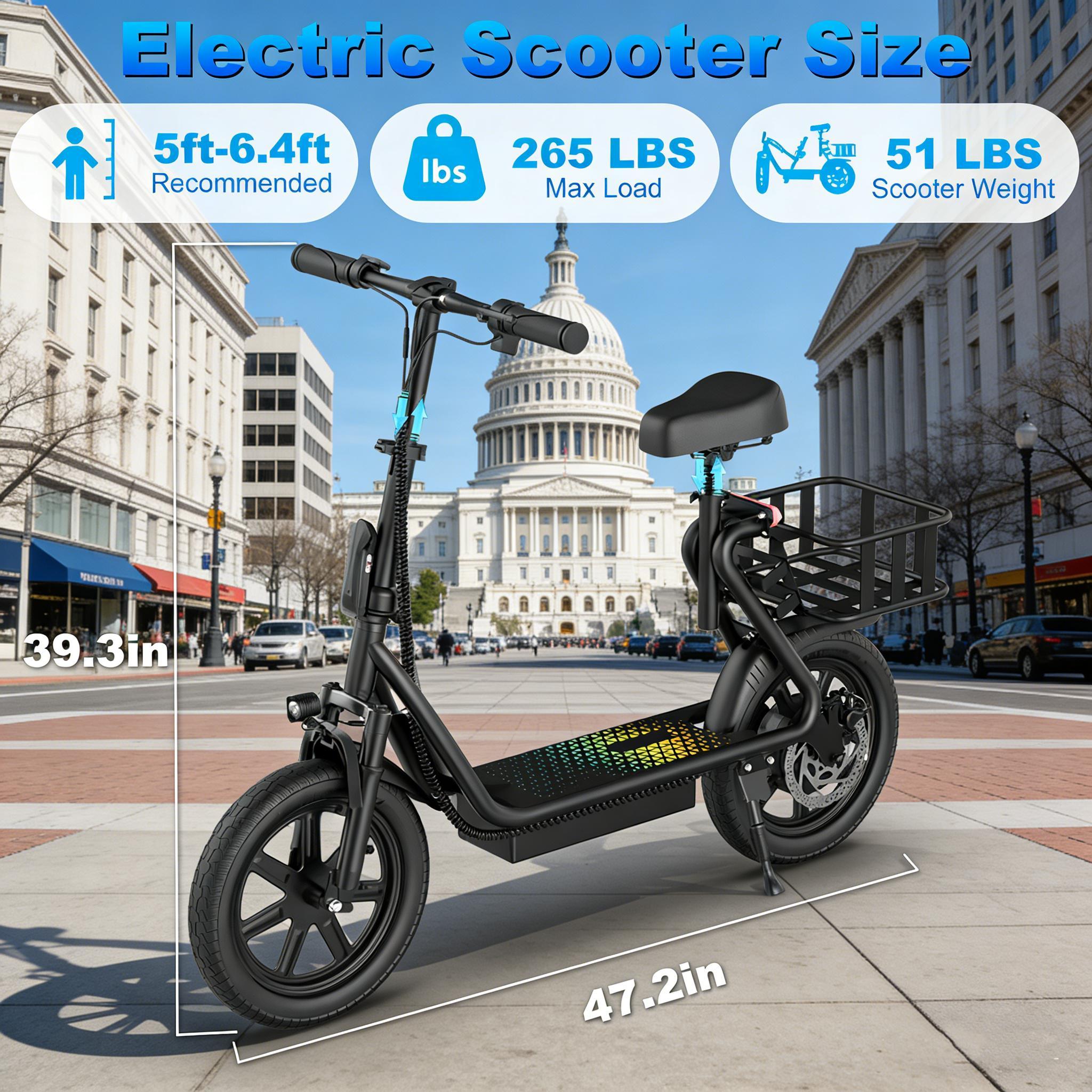 Electric Scooter for Adults with Seat,48V 10.4Ah Battery, Top Speed 22 mph, Driving Range 21-27 Miles, Pet-Friendly Design with Rear Basket