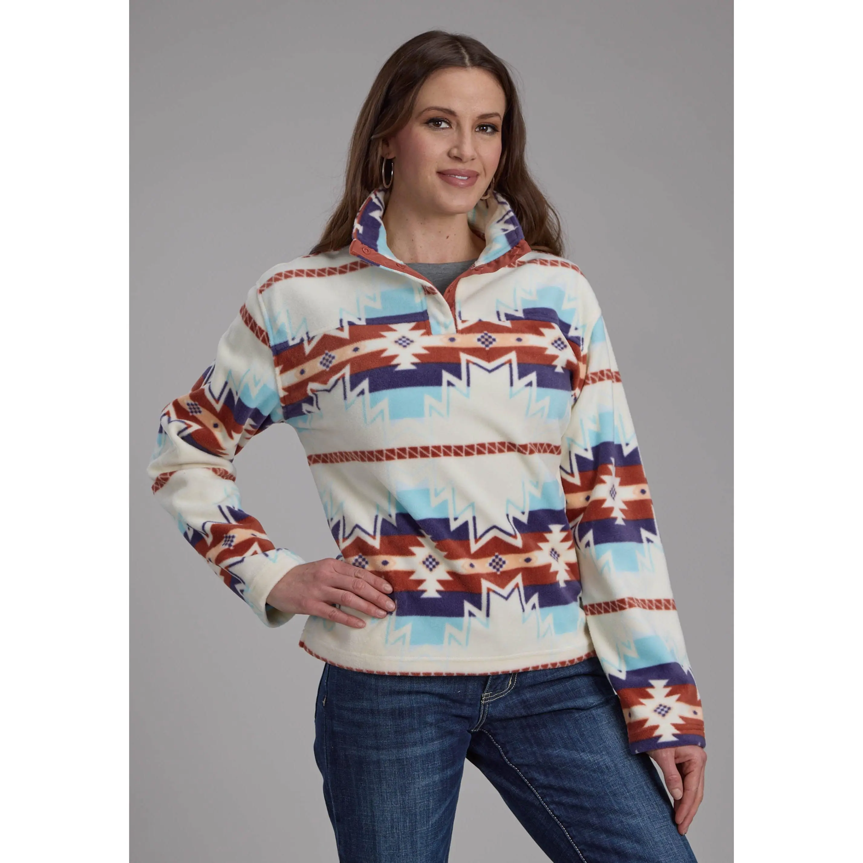 Womens Lg Cream Aztec Printed Fleece Snap Jacket