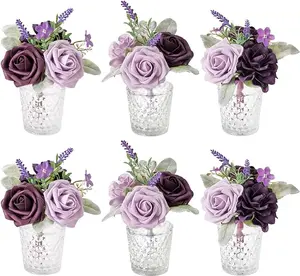 TINGE TIME Wedding Centerpieces Table Decorations, Set of 6, Lavender & Plum Artificial Flowers Wedding Mini Flowers Bouquets Pre-Made Mini Floral for Dessert Desk Home Decor Box Decorative flower  foam