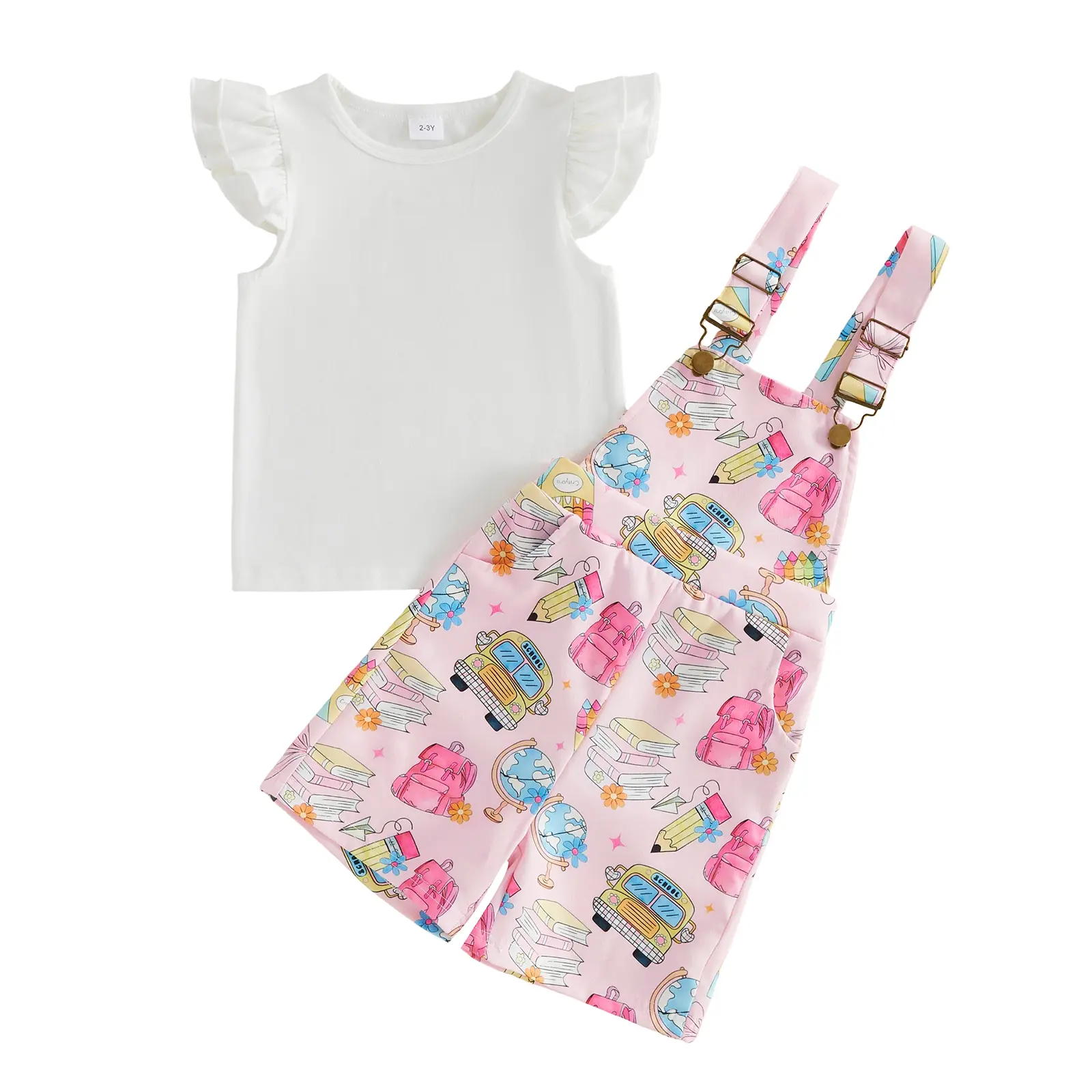Toddler Baby Little Girls Back to School Outfits Fly Sleeve Tops + Overall Shorts Set Summer Clothes 2-6 Years