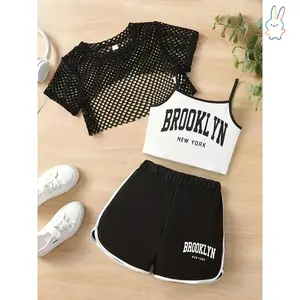 ERT-Fashionable Three-Piece Shorts Set for Girls: Cute Pink Mesh Cropped Top, Brooklyn New York Print Shorts, and Matching Mesh Detail Tank Top, for Outdoor overall girl
