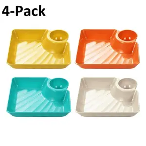 Dinner Plate with Sauce Compartment, 4pcs/set Portable Mixed Color Snack Plate, Reusable French Fries Plate, Outdoor BBQ Picnic Gear