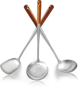 Evanda Wok Spatula Set 17", Heat Resistant Wood Handle Stainless Steel Wok Tools, Ladle, Metal Spatula, Kitchen Skimmer, Professional Kitchen Cooking Utensils Set, Wok Accessories Dishwasher Safe